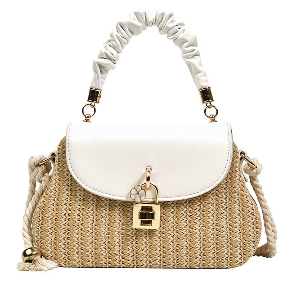 Straw Crossbody Bag Hand Woven Shoulder Bag Leather Top Handle :<